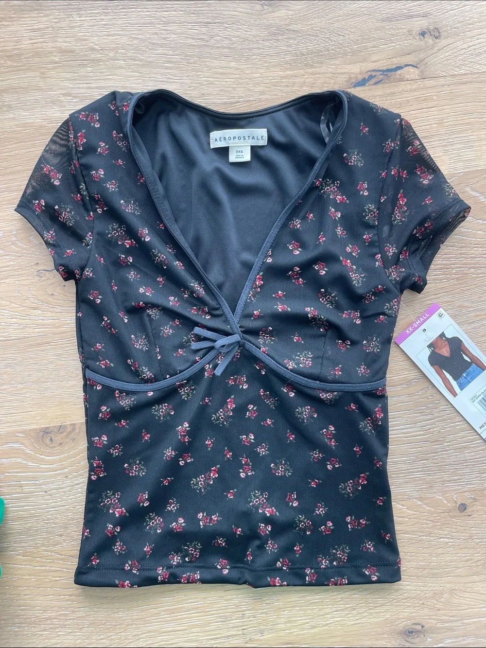 Aeropostale Black Floral‎ Trim Tie-Front Top